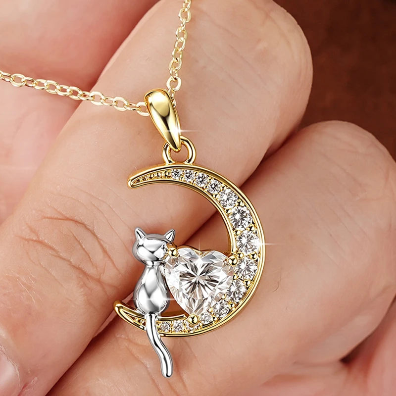 Celestinova GRA Certified 1.2ct Moissanite Moon Cat Pendant Necklace 14K Gold Plated Heart Cut Fine Jewelry Gift for Women