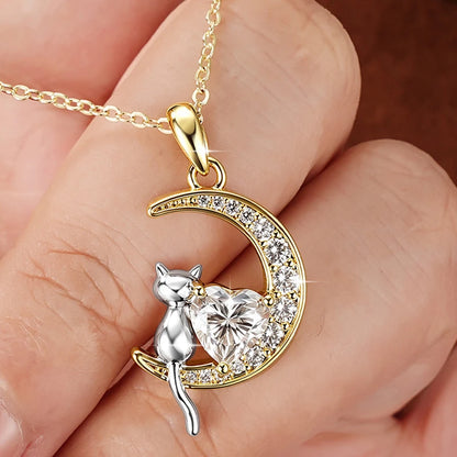 Celestinova GRA Certified 1.2ct Moissanite Moon Cat Pendant Necklace 14K Gold Plated Heart Cut Fine Jewelry Gift for Women