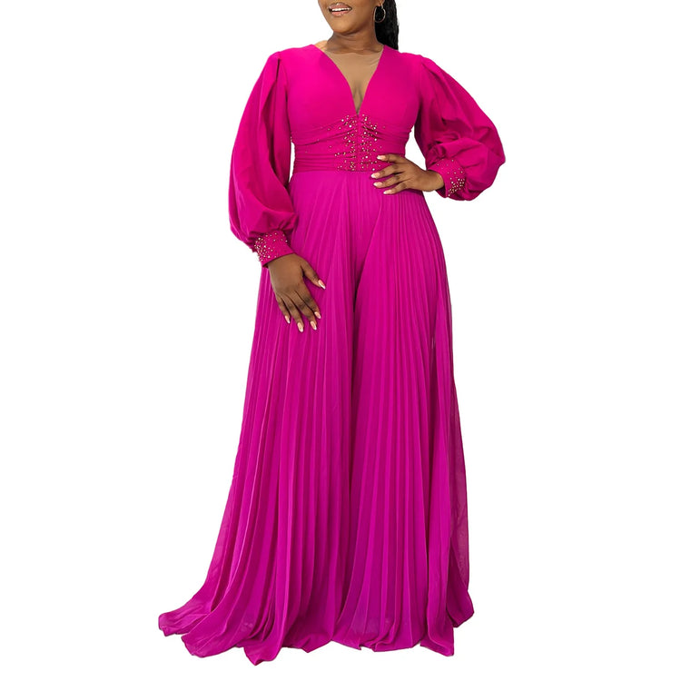 CM.YAYA Women Diamonds Long Sleeve Pleated V-neck Wide Leg Long Jumpsuits Party Beach Fashion Street Sexy Africa Outfit Rompers