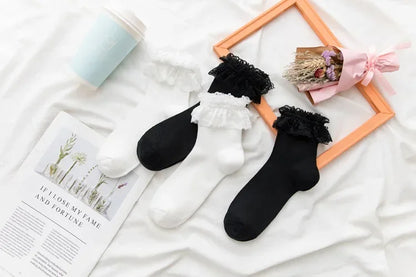 Women's Japanese Lolita JK Ankle Socks Kawaii Cotton with Lace Trim - Cute White/Black Crew Socks for Girls Cosplay Casual Wear