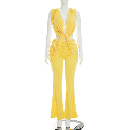 Sexy hot girl solid color layered hanging feeling low neck sleeveless jumpsuit pants