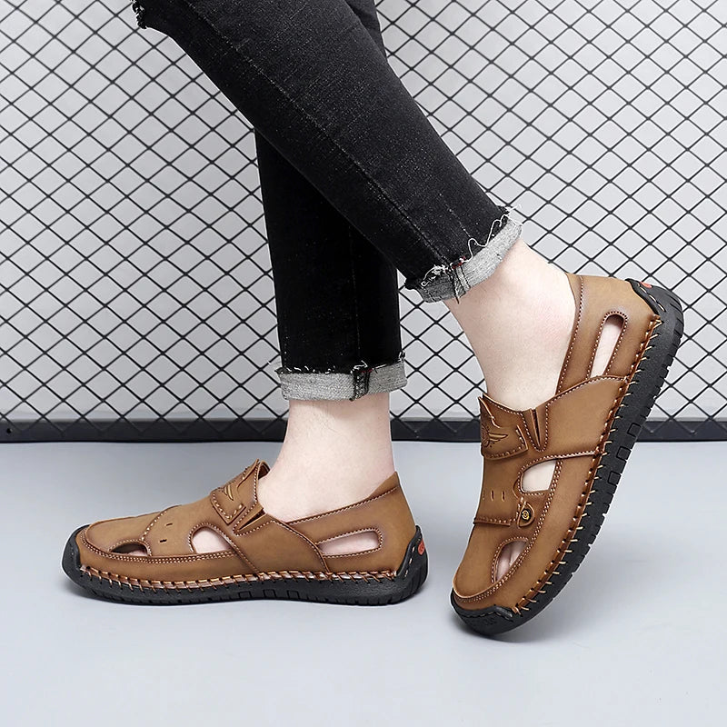 Mens Walking Shoes Summer Breathable Leather Hand Sewn Minimalist Baotou Flat Shoes Soft Elastic Daily Casual Male Sandalia