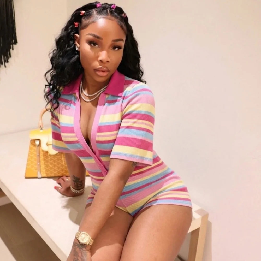 FLARORA Trend Stripe Print Rompers Woman Sexy Deep V Neck Short Sleeve Skinny Peach Hip Playsuits Hot Girl Party Club Overalls