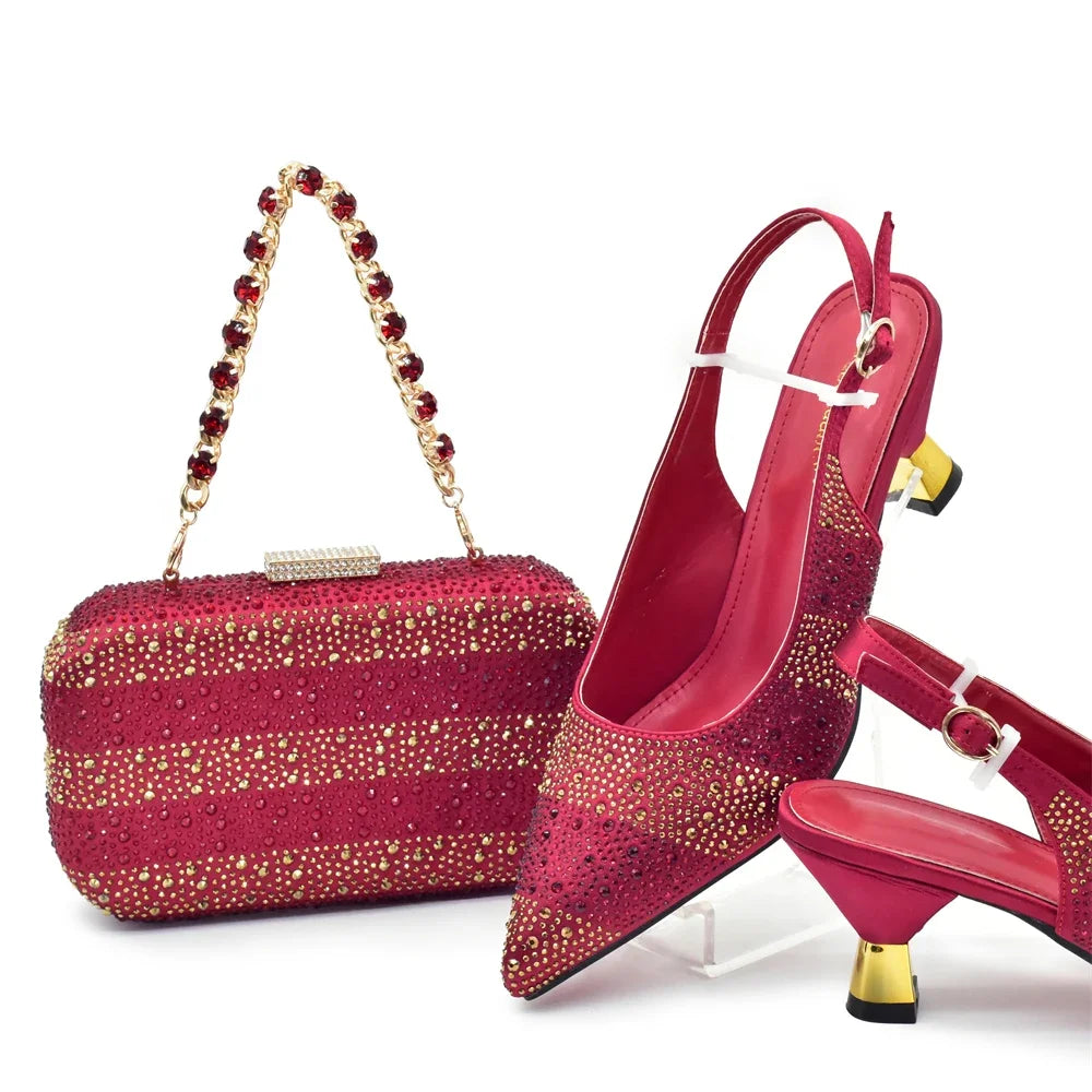 Luxury Italian Shoes and Bag Set for Women Elegant Shoes Woman Heel Nigeria Party Shoes and Bags for Women Rhinestone Pumps