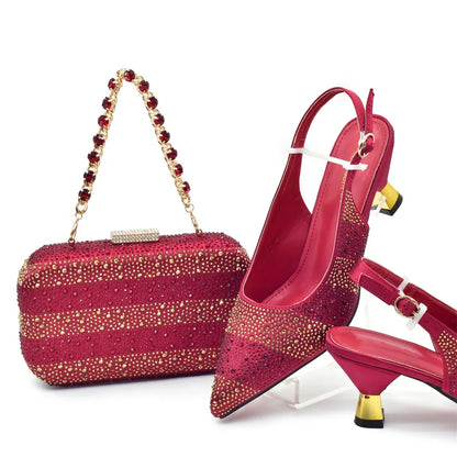 Luxury Italian Shoes and Bag Set for Women Elegant Shoes Woman Heel Nigeria Party Shoes and Bags for Women Rhinestone Pumps