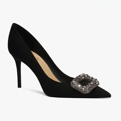 2025 Women's Summer New Luxury Crystal Square Buckle Design Sexy Pointed Stilettos Elegant Banquet Dress Party Shoes Plus Size