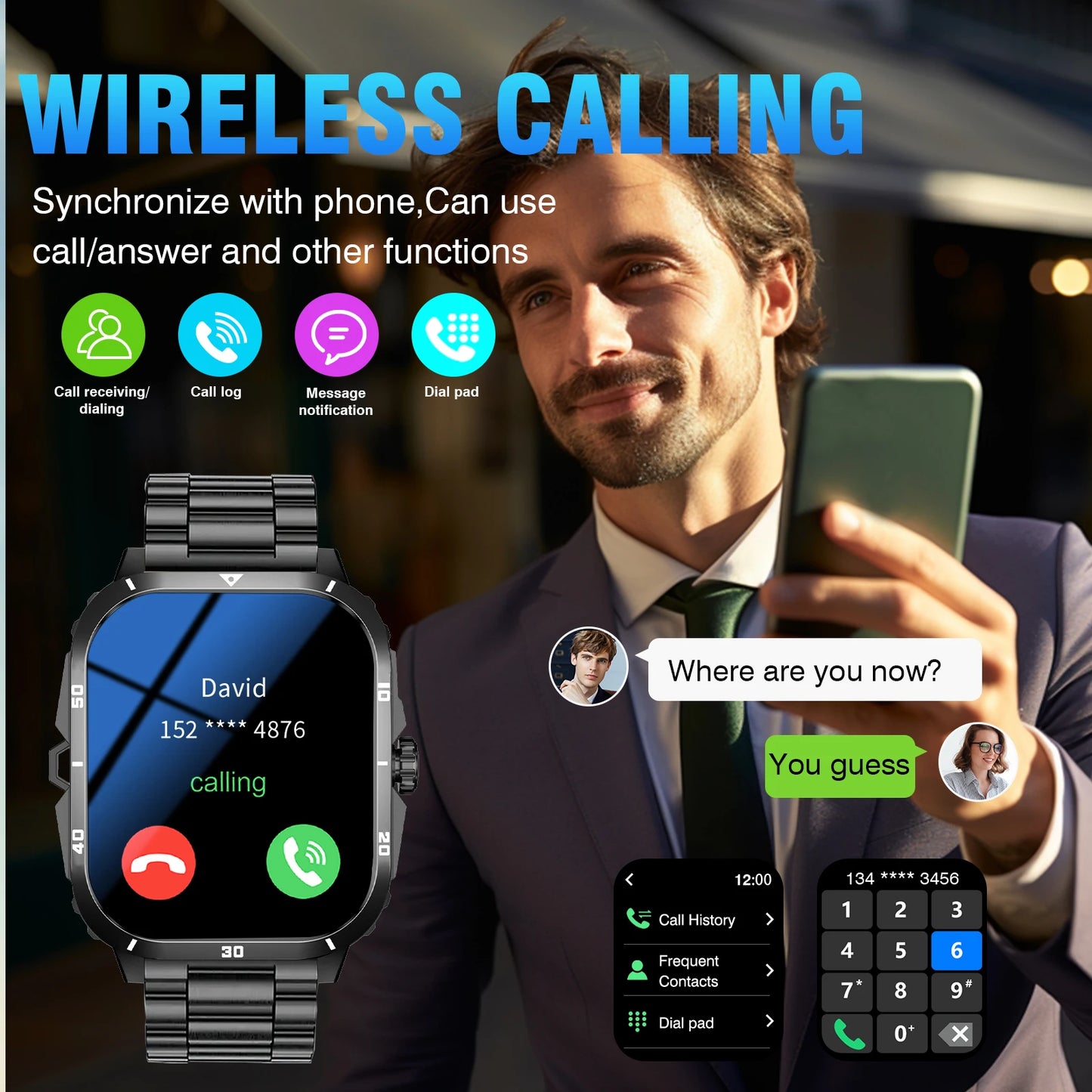 Smart Watch, Full Touchscreen Sports Watch, Bluetooth Calling, With Flashlight, Unisex, Compatible with Android and iPhone.