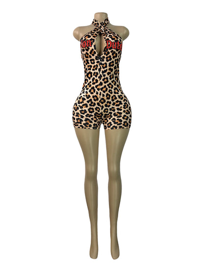 Women Jumpsuit Spring Summer Fashion Letter Print Crossed-Neck Deep V Backless Shorts Jumpsuit Girl Sexy Leopard Bodycon Rompers