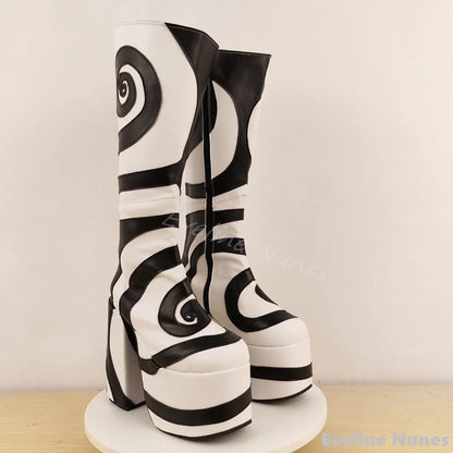 Black White Turbine Pattern Platform Boots Women Round Toe Chunky Heel Side Zipper Knee High Boots 2025 New Design Stretch Boots