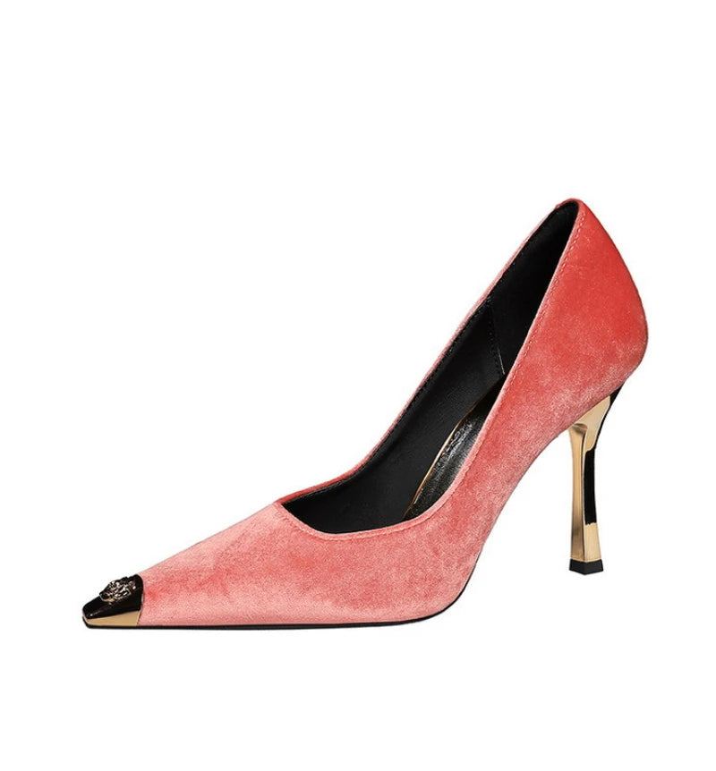 Women Peach Pink Velvet Metal Capped Pointed Toe Pumps Gold Trapezoid Thin High Heels Gentle Retro Luxury Date Banquet Ladies