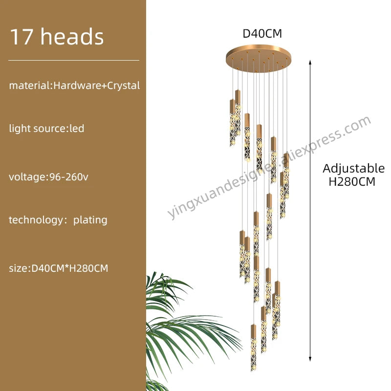 Crystal Staircase Pendant Lamp Modern Gold Lighting Fixture Ceiling Hang Pendant Light Luster Indoor Villa Loft Stair Chandelier