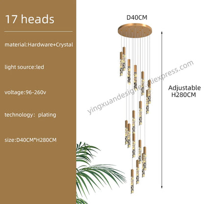 Crystal Staircase Pendant Lamp Modern Gold Lighting Fixture Ceiling Hang Pendant Light Luster Indoor Villa Loft Stair Chandelier