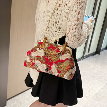 Designer Bamboo Handle Handbag Retro Embroidery Women Evening Bag High-end Nylon Crossbody Bag Luxury Lady Shoulder Bags Satchel