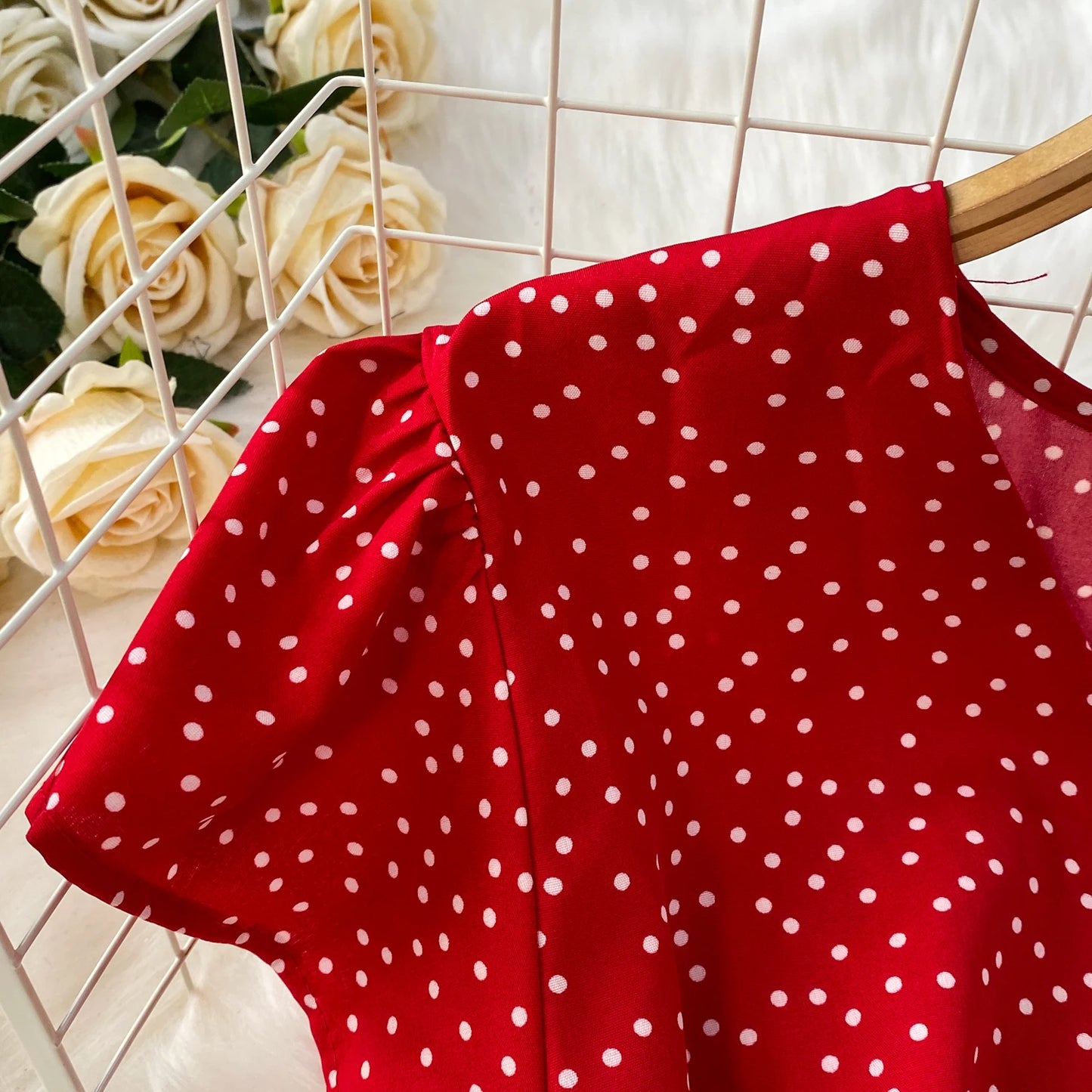 Summer Women Polka Dot Long Dress Vintage V-Neck Flying Sleeve High Waist Single Breasted A-Line Casual Vestidos Female Robe New