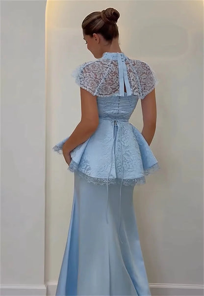 Sky Blue Lace Women Long Bespoke Occasion Gown Evening Dresses Prom Pastrol Unisex Jersey Retro Dubai Saudi Arabic Customized