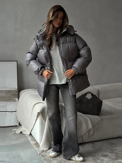 2026 Winter Warm Hooded Padded Cotton Coats Women Casual Drawstring Waist-closed Thick Jackets Female Chic Outerwear Lady New