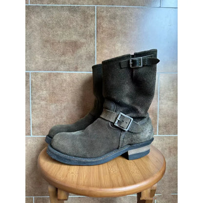 Fashion Men's Genuine Leather Motorcycle Boots Handmade Mid-Calf Metal Buckle Strap Work Shoes Engineer Boots Knight Boots