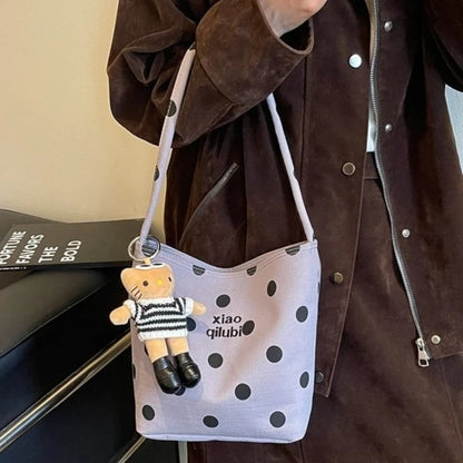 Korean Style Niche Linen Dot Shoulder Bag Women New Fashion Large Capacity Bucket Bag Casual Versatile Commuting Underarm Bag