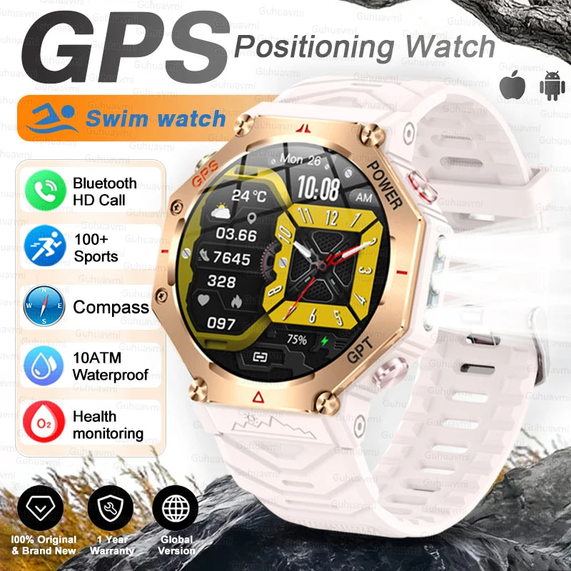 New Military Real GPS Smart Watch Men 10ATM IP69K Waterproof Swim Sports Watches Flashlight Bluetooth Call AMOLED HD Smartwatch