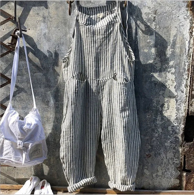 Casual Jumpsuit Women Striped Cotton Overalls Loose Fit Long Pants Romper Adjustable Straps Front Patch Pockets Jumpsuits