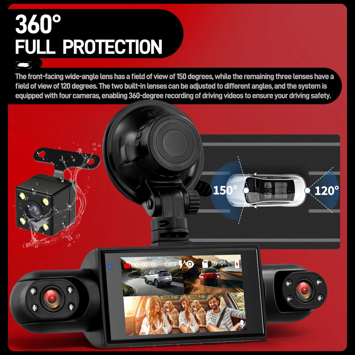 Podofo 3-inch 1080P Car Dash Cam with Four High-Definition Cameras, Including 480P Left Interior, Right Interior, and Rear Cameras Loop Recording, Night Vision, Reversing Help Video Recorder for Cars