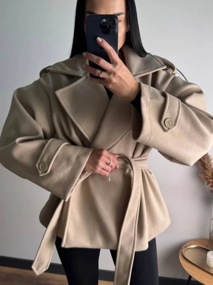 Women Short Wool Blend Trench Coat Lapel Collar Belted Waist Wrap Long Sleeve Loose Overcoat Casual Autumn Winter Lady Jackets