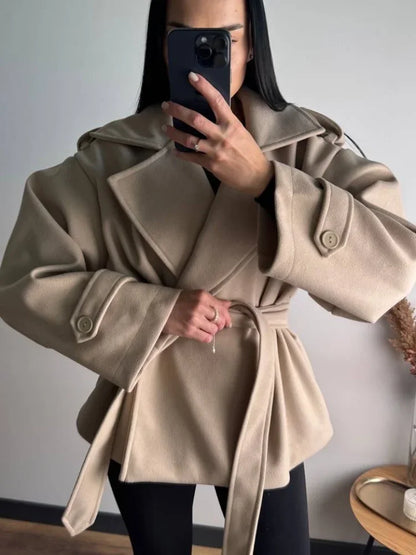 Women Short Wool Blend Trench Coat Lapel Collar Belted Waist Wrap Long Sleeve Loose Overcoat Casual Autumn Winter Lady Jackets