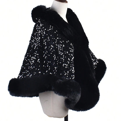 1PC Shiny Sequin Plush Shawl for Women Party Warmth Versatile Faux Fur Collar Blingbling Fashionable Shawl