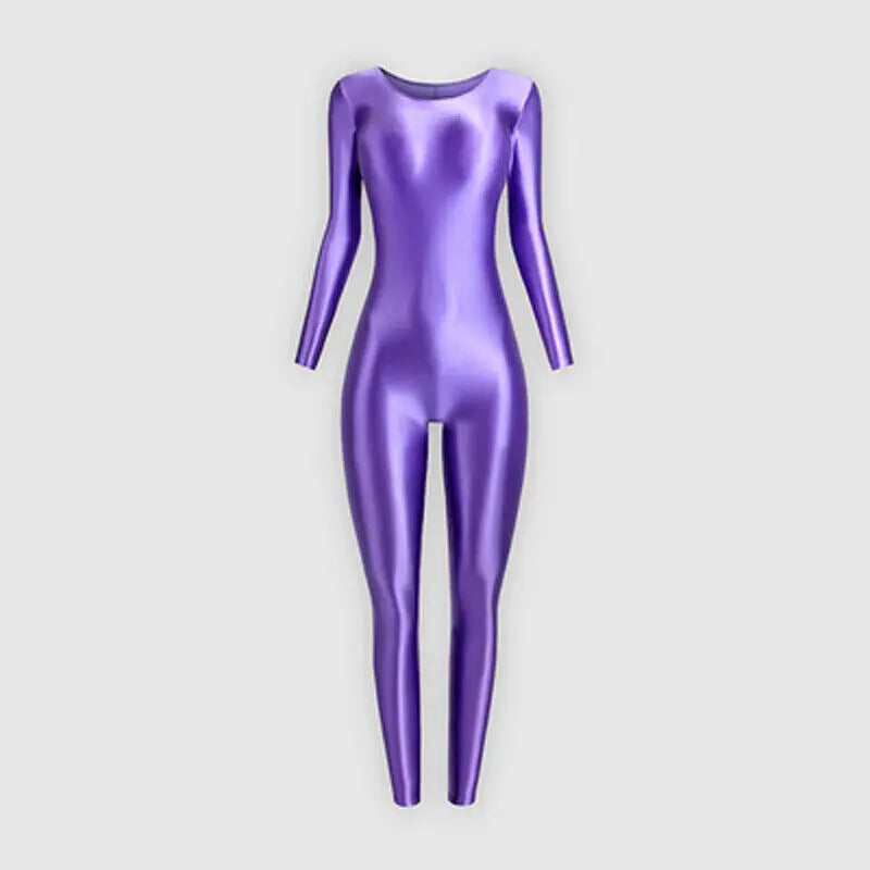 MJINM Women Shiny Oil One Piece Long Sleeve Zentai Suits Yoga Sports Jumpsuits Glossy Tights Cosplay Fitness Bodysuits Overalls