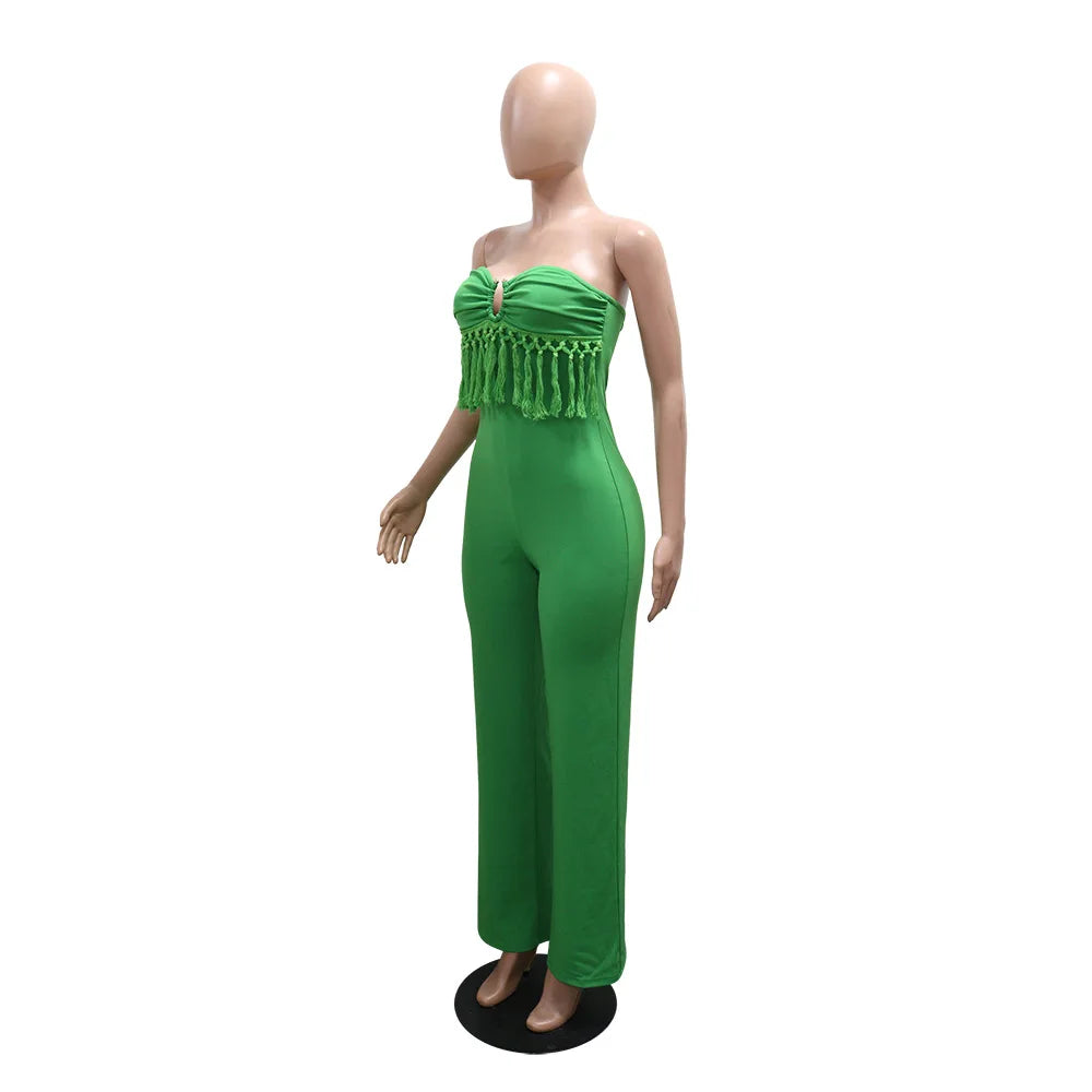 HBLL Sexy Women Fringe Jumpsuits One Piece Outfits Women Summer Bodycon Jumpsuit Strapless Sleeveless Female Streetwear Overalls