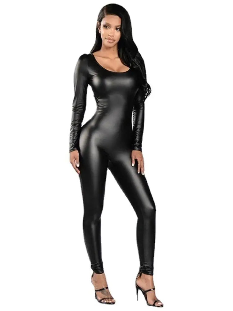 New Elastic Patent Leather Long Sleeve Jumpsuit Tights Cosplay Bodysuit Leotard Sexy Catsuit Clubwear Lingerie Teddies Jumpsuit