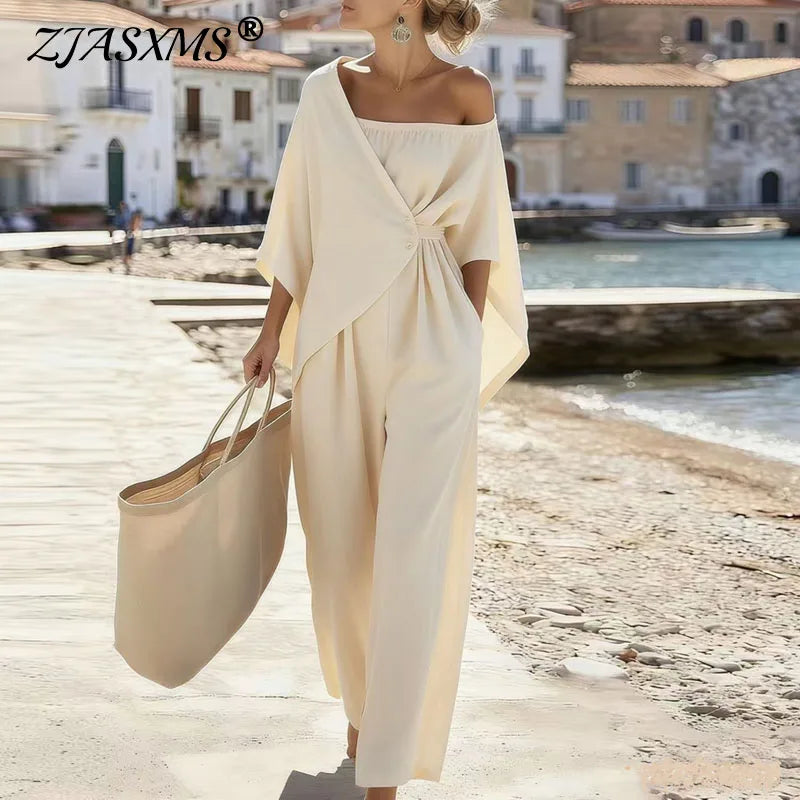 Fashion Streetwear Jumpsuits for Woman Spring Off Shoulder Batwing Sleeve Wrap Tie Waist Rompers Elegant Wide Leg Overalls Mujer