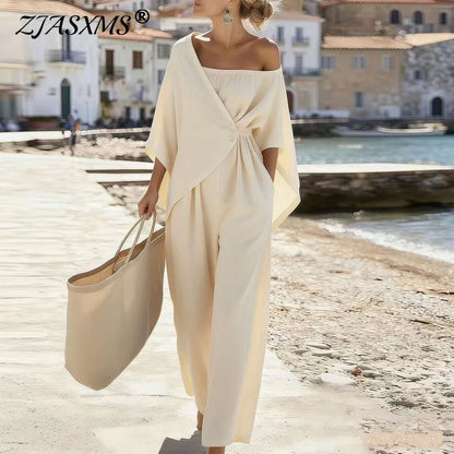 Fashion Streetwear Jumpsuits for Woman Spring Off Shoulder Batwing Sleeve Wrap Tie Waist Rompers Elegant Wide Leg Overalls Mujer
