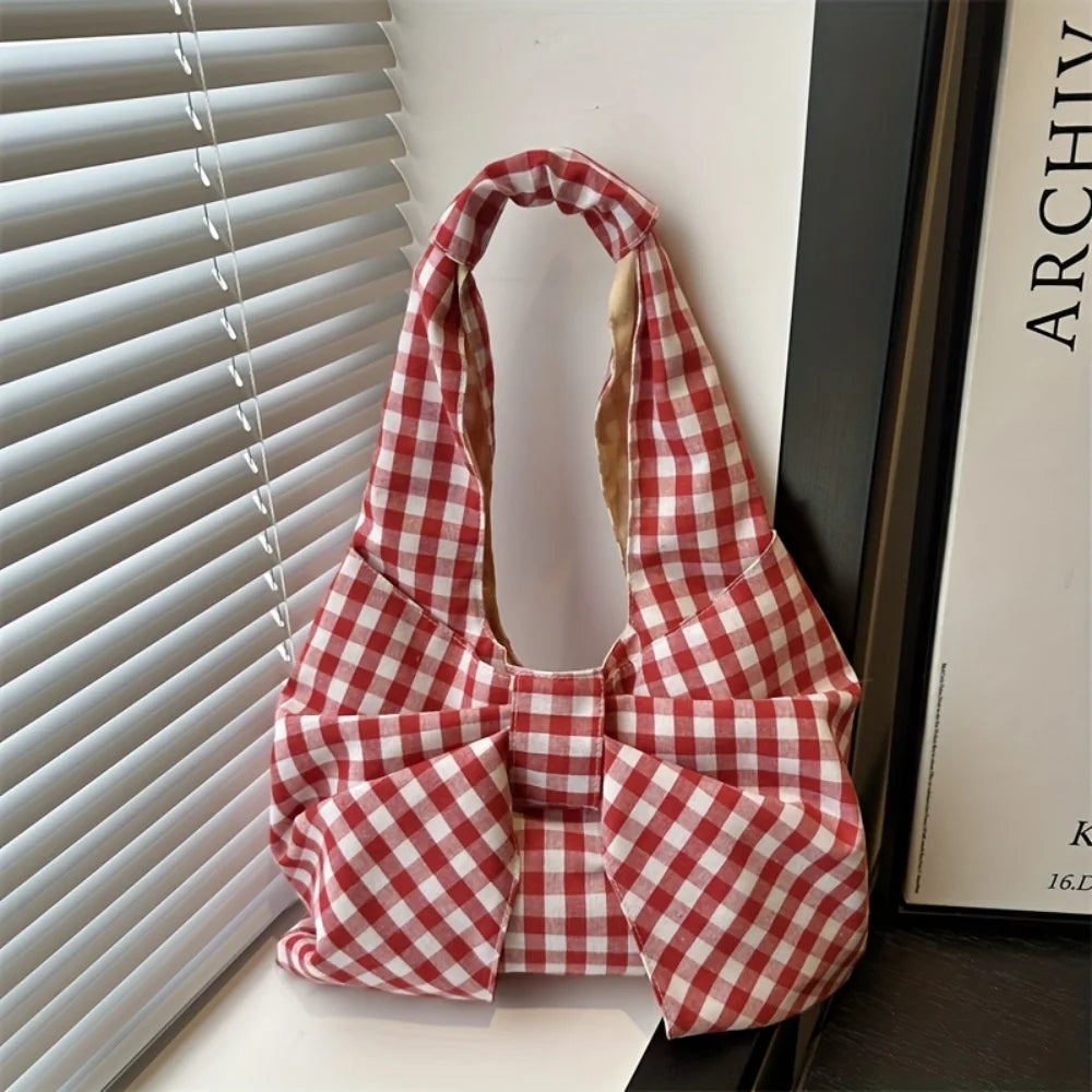 Women Red White/ Blue White Gingham Plaid Tote Bag with Big Bow Decor, Large Capacity Soft Canvas Shoulder Handbag, Casual Shopping Bag for Picnic Travel Daily Commute