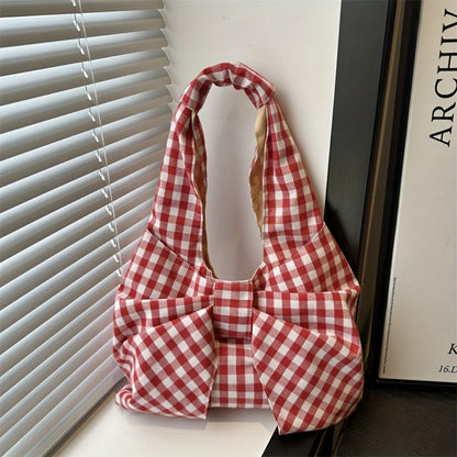 Women Red White/ Blue White Gingham Plaid Tote Bag with Big Bow Decor, Large Capacity Soft Canvas Shoulder Handbag, Casual Shopping Bag for Picnic Travel Daily Commute