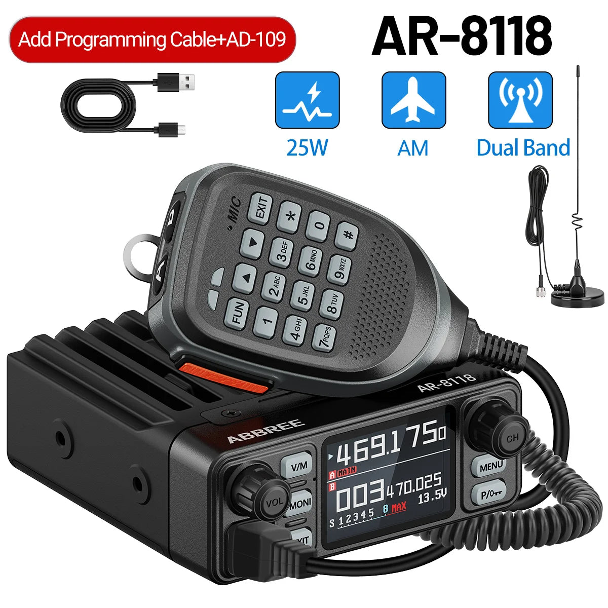 ABBREE AR-8118 Mini Mobile Radio 25W Dual Band VHF UHF 200CH Long Range NOAA VOX Clear HD Voice Dual PTT Car Radio