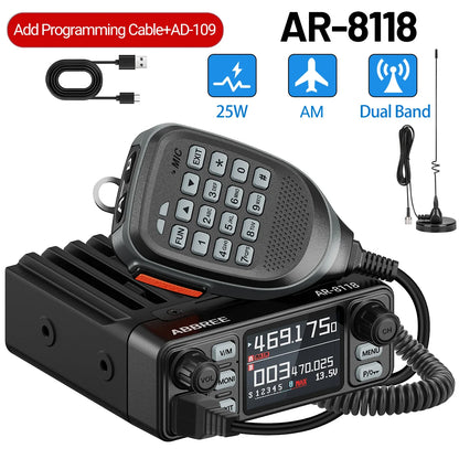 ABBREE AR-8118 Mini Mobile Radio 25W Dual Band VHF UHF 200CH Long Range NOAA VOX Clear HD Voice Dual PTT Car Radio