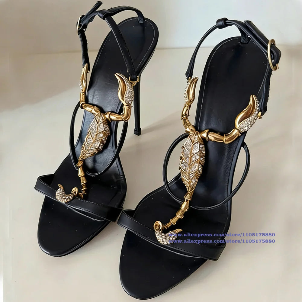 Gold Scorpion T-Strap Sandals Round Toe Stiletto Heels Women's High Heels Elegant Party Dress Shoes Sandalias De Mujer Verano