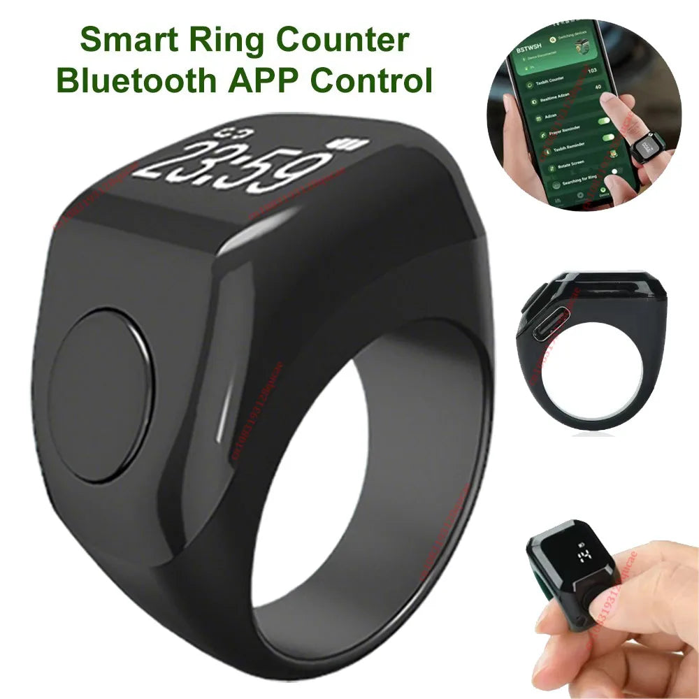 2026 Qibla Smart Zikr Ring Praise Tasbih Tally Electronic Digital Counter for Muslims 5Prayer Time Vibration Reminder Waterproof