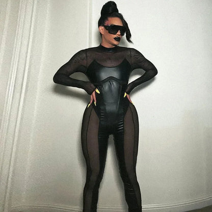 Black Mesh Sheer Bodycon Jumpsuit for Women 2024 Sexy Clubbing Outfits Gothic Punk Black One Piece Techwear C70-EC27