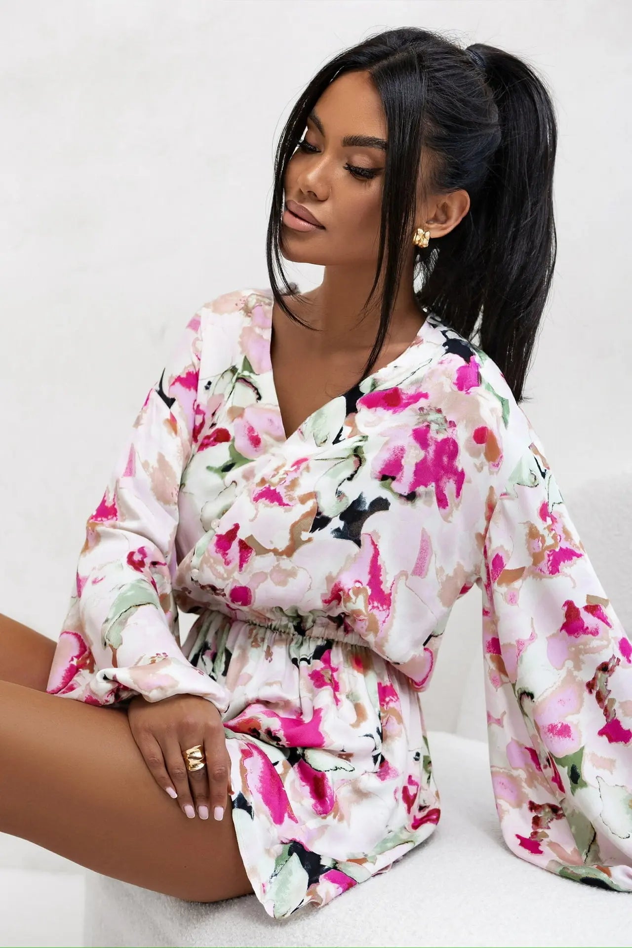 Fashion Print Jumpsuit V-neck Buttons Long Sleeves High Waist Spliced ruffle Slim Shorts Jumpsuits For Women Spring New Style