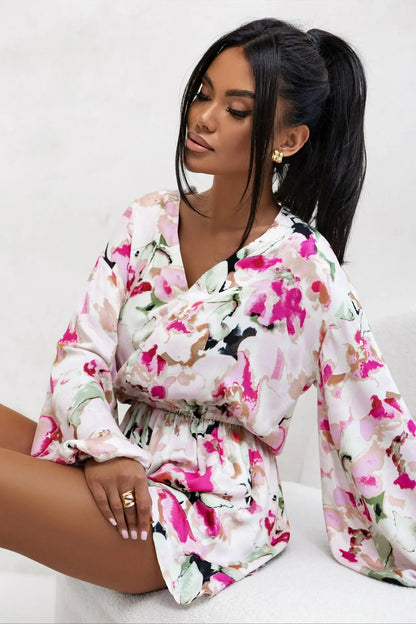 Fashion Print Jumpsuit V-neck Buttons Long Sleeves High Waist Spliced ruffle Slim Shorts Jumpsuits For Women Spring New Style
