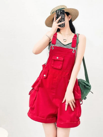 Red Denim Overalls for Women Summer Adjustable Straps Loose Wide Leg Shorts Solid Color Casual Streetwear Short Rompers