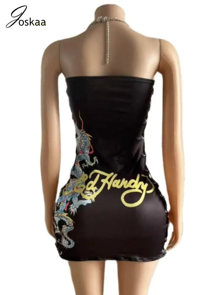 Joskaa 2025 Summer Women's Vintage Print Chain Halter Side Hollow Bandage Tassel Hem Bodycon Mini Dress Holiday Beach Clubwear