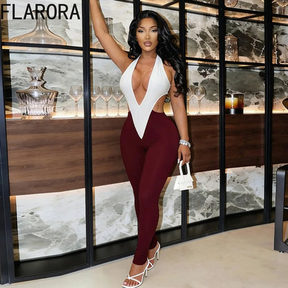 FLARORA Sexy Halter Hollow Out Jumpsuits Woman Color Blocking V-Neck Sleeveless Backless Skinny Midnight Party Clubwear Overalls