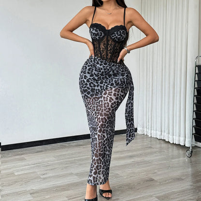 CHNMR Vintage Leopard Print Patchwork Lace Women Long Dress Sexy Off Shoulder Sleeveless Backless Bodycon Maxi Dresses for 2026