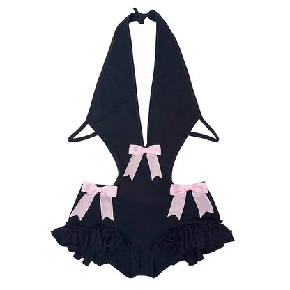 Ins Pure Desire Spicy Girl Halter One Piece Swimsuit Women Bow Hollow Deep V Sexy Summer Beach Swimwear