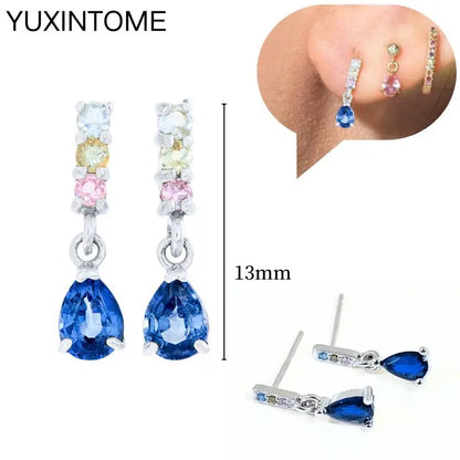 925 Sterling Silver Needle Dark Blue Crystal Silver Earrings Women's Exquisite Heart Blue Pendant Hoop Earrings Luxury Jewelry