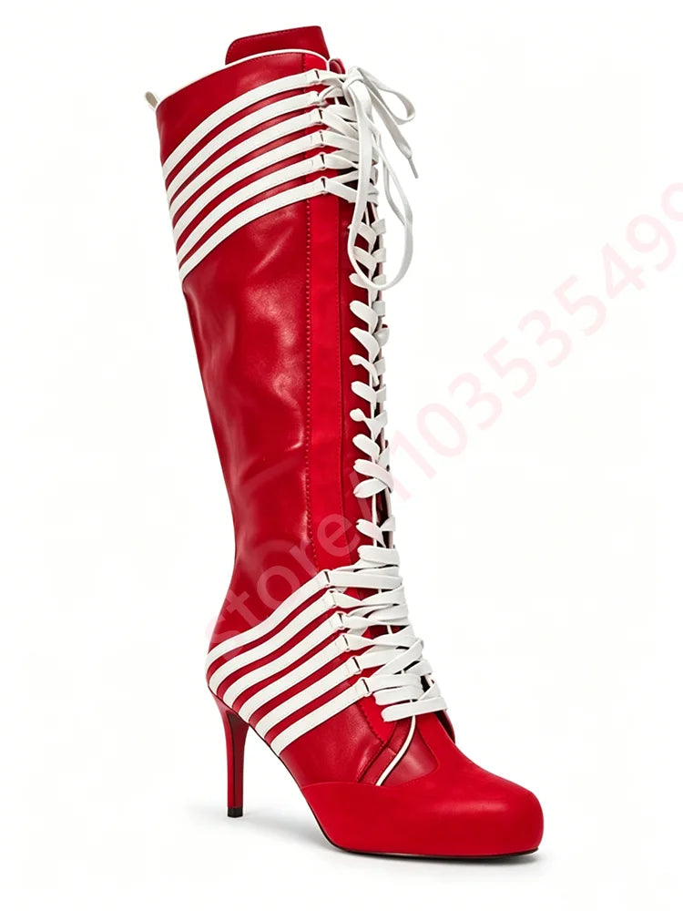 2026 New Black Red Color Block Striped Knee High Boots Women Full Lace Up Thin Stiletto High Heel Fashion Streetwear Long Boots