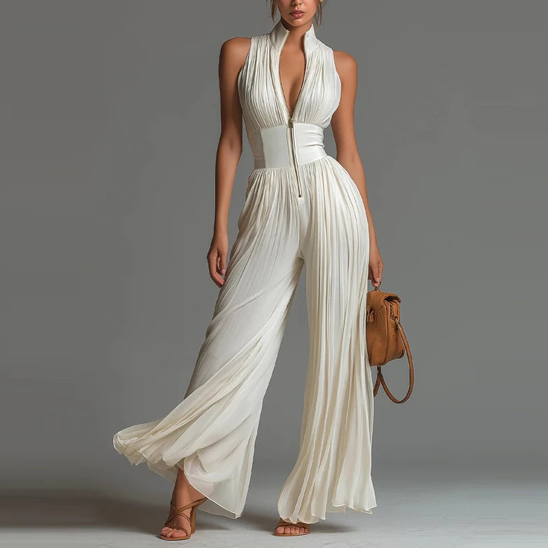 Elegant Lady Zipper Wide Leg Playsuits Stand Collar High Waist Pleat Jumpsuit Fashion Sleeveless Pure Color Slim Commute Rompers